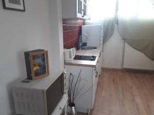 una pequeña cocina con microondas y un ordenador en una encimera en Guest house Ruža, en Tenja