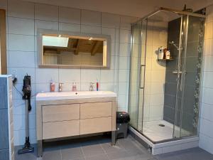 uma casa de banho com um lavatório e um chuveiro em Chambre privée au pied des pistes - Chambre chez l'habitant - ChaletNelda com em Lamoura