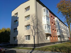 a tall building with a tree in front of it at Draugystės Apartment in Šiauliai