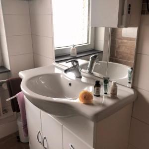 a bathroom with a sink and a mirror at Modern Apartment Wissenbach 1 in Eschenburg