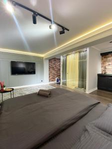 a bedroom with a large bed with a flat screen tv at Студия в современном стиле in Pavlodar
