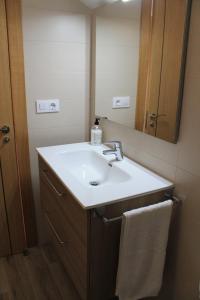a bathroom with a sink and a mirror at Apartamentos Turísticos ESCORRALADAS in Baltanás