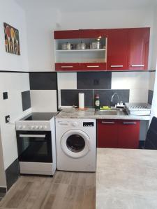 a kitchen with a washing machine and a sink at Duisburg Beeck in Duisburg