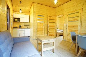 a room with a couch and a table and a kitchen at Domki u Iwony#sauna#balia in Kudowa-Zdrój