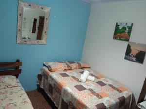 a bedroom with a bed with a mirror on the wall at Dormitorios Rosario in Pirenópolis