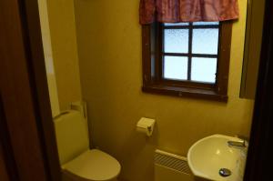 ein Bad mit einem WC, einem Waschbecken und einem Fenster in der Unterkunft Stuga i Pålles Stugby in Duved