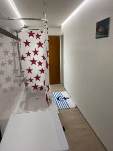 a bathroom with a toilet with stars on the wall at Casa Wellbella in Unterkulm