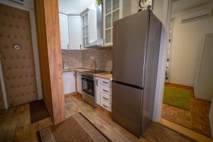 ベオグラードにあるBotanical9, Belgrade centre, 2 bedroom apartmentのキッチン(ステンレス製の冷蔵庫、白いキャビネット付)