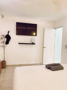 1 dormitorio con 1 cama y TV en la pared en Casa Sol Y Luna Luxury Valladolid Yucatán en Valladolid