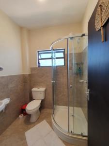 a bathroom with a shower and a toilet and a sink at Elegant 1 Bedroom Condo Near Vipingo Ridge Golf Resort in Kilifi