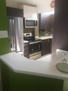 a kitchen with a refrigerator and a stove top oven at leroy place in Kingston