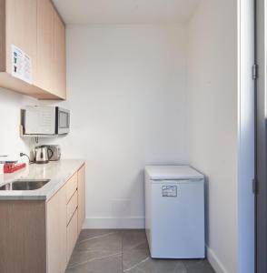 a small kitchen with a refrigerator and a sink at Lakeview Studio A - Lake Tekapo in Lake Tekapo