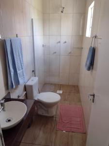 a bathroom with a toilet and a sink and a shower at Pousada das Palmeiras in Pelotas