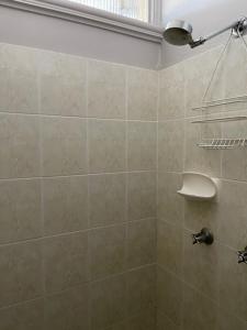 ein Bad mit einer Dusche und einer gefliesten Dusche in der Unterkunft Cardwell Beachcomber Motel & Tourist Park in Cardwell