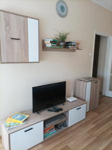 uma sala de estar com uma televisão de ecrã plano sobre uma mesa em Zöld Apartman em Miskolc