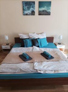 um quarto com uma cama com duas almofadas em Zöld Apartman em Miskolc