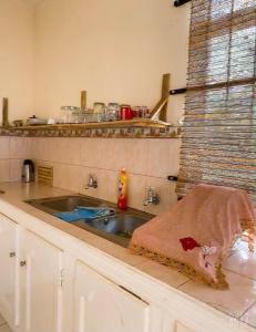 a kitchen with a sink and a towel on the counter at Viksh Seaview Apartment in Rivière Noire