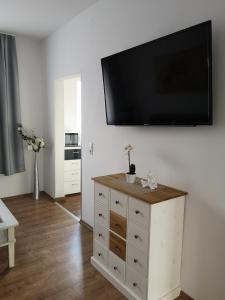 ハーフェルベルクにあるHavelberg Ferien Apartments HCRの壁に薄型テレビが取り付けられたリビングルーム