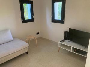 ein Wohnzimmer mit Couch und Flachbildfernseher in der Unterkunft Maison pieds dans l eau avec piscine et clim in Linguizzetta