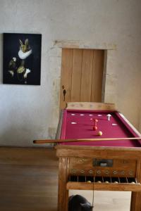 una mesa de ping pong con una hibición de hibiciones rosas en Un château en Bourgogne, en Saincaize-Meauce