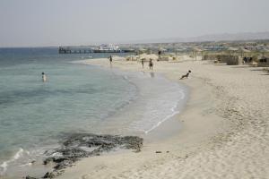 a group of people walking on the beach at Shams Alam Beach Resort in Abū Ghuşūn