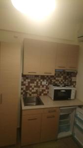 a small kitchen with a sink and a microwave at Diolkos 2 in Nea Roda