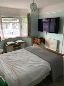 a bedroom with a large bed and two windows at Debbie’s Digs in Ashford