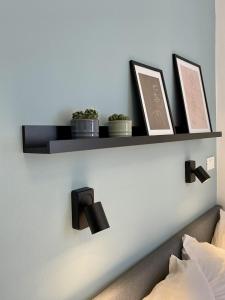 a shelf on a wall with two pictures and two plants at Galilei Apartment in Merano