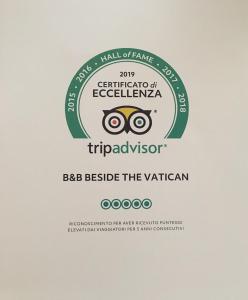 Certifikát, hodnocení, plakát nebo jiný dokument vystavený v ubytování Beside the Vatican