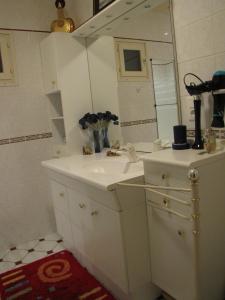 ein weißes Badezimmer mit einem Waschbecken und einem Spiegel in der Unterkunft Les moinillons - Piscine à 28 degrés en service toute l'année in Ancy-le-Franc