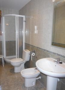 y baño con aseo, lavabo y ducha. en Apartamentos Casa Borja, en Salinas de Bielsa