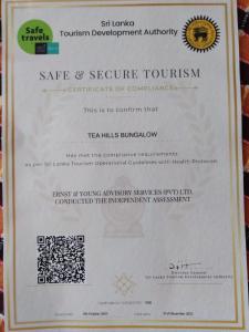 a fake document with a fake science tourism certificate at Tea Hills Bungalow in Hatton