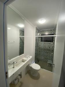 uma casa de banho com um WC, um lavatório e um espelho. em Hostel APÊ DO CRIS em Florianópolis