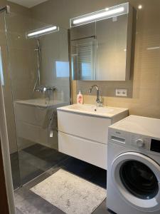 ein Badezimmer mit einer Waschmaschine und einem Waschbecken in der Unterkunft RELAX APPARTEMENT - Graz in Graz