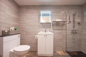 a bathroom with a toilet and a shower at Premium Studio Apt “C” in Oban