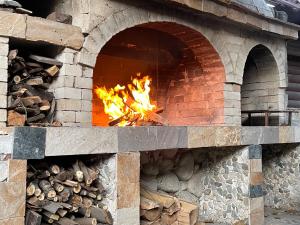 a large brick oven with a fire in it at Banderitsa Apartments with kitchen in Bansko