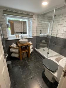 a bathroom with a sink and a shower and a toilet at Beautiful Georgian Duplex in Gloucester