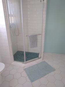 y baño con ducha y puerta de cristal. en CoCo de Mer Self Catering Log 1, en Lambertʼs Bay