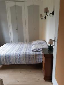 1 dormitorio con 1 cama y mesita de noche con 2 lámparas en En Beauvoir, en Cormot-le-Grand