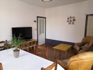 ein Wohnzimmer mit Stühlen, einem Tisch und einem TV in der Unterkunft Gray centre ville avec vue sur Saône in Gray