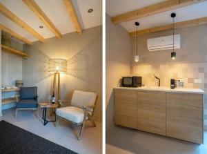 斯塔普霍斯特的住宿－Bed & Wijn - Suite 1，带椅子和桌子的厨房的两张照片