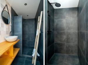W łazience znajduje się prysznic i umywalka. w obiekcie Bed & Wijn - Suite 1 w mieście Staphorst