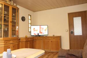 a living room with a television on a wooden cabinet at Ferienhaus Rhönpforte in Rippershausen