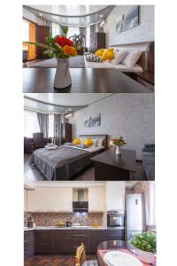 un collage de dos fotos de una habitación con cama en Уютные большие апартаменты RentPlaza возле парка en Samara