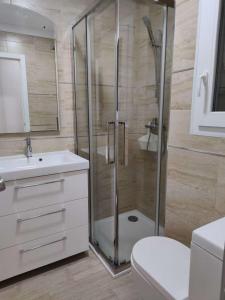 un bagno con doccia, WC e lavandino di Apartamento Estels a L'Ampolla