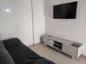 un soggiorno con divano e TV a schermo piatto di Apartamento Estels a L'Ampolla