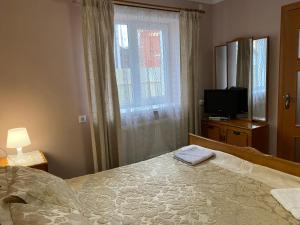1 dormitorio con cama, ventana y TV en Villa Vella en Skhidnitsa