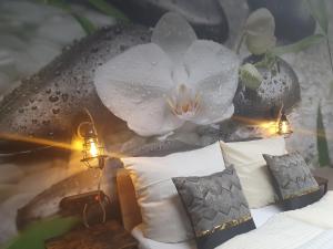 汉诺威LANE Tiny Homes, nahe Hannover Messe的卧室墙上有白色花朵