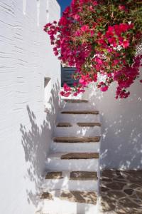 a stairway with pink flowers in a pot on a wall at Ostria Inn in Moutsoúna