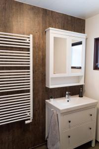 a bathroom with a white sink and a mirror at Efri Bru in Selfoss